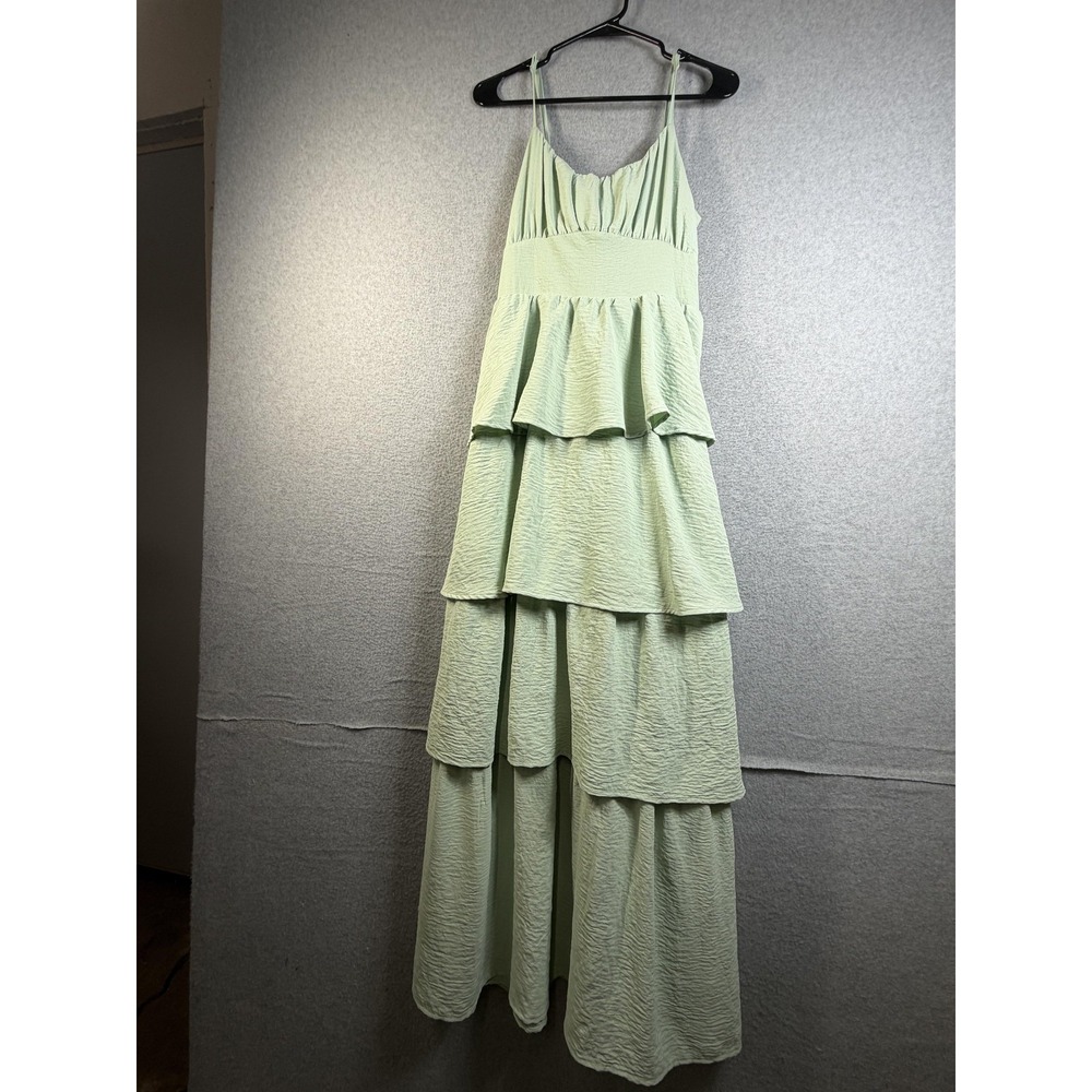 Originality Dress Womens Large Green Tiered Ruffle Maxi Sundress Tie Back Cutout